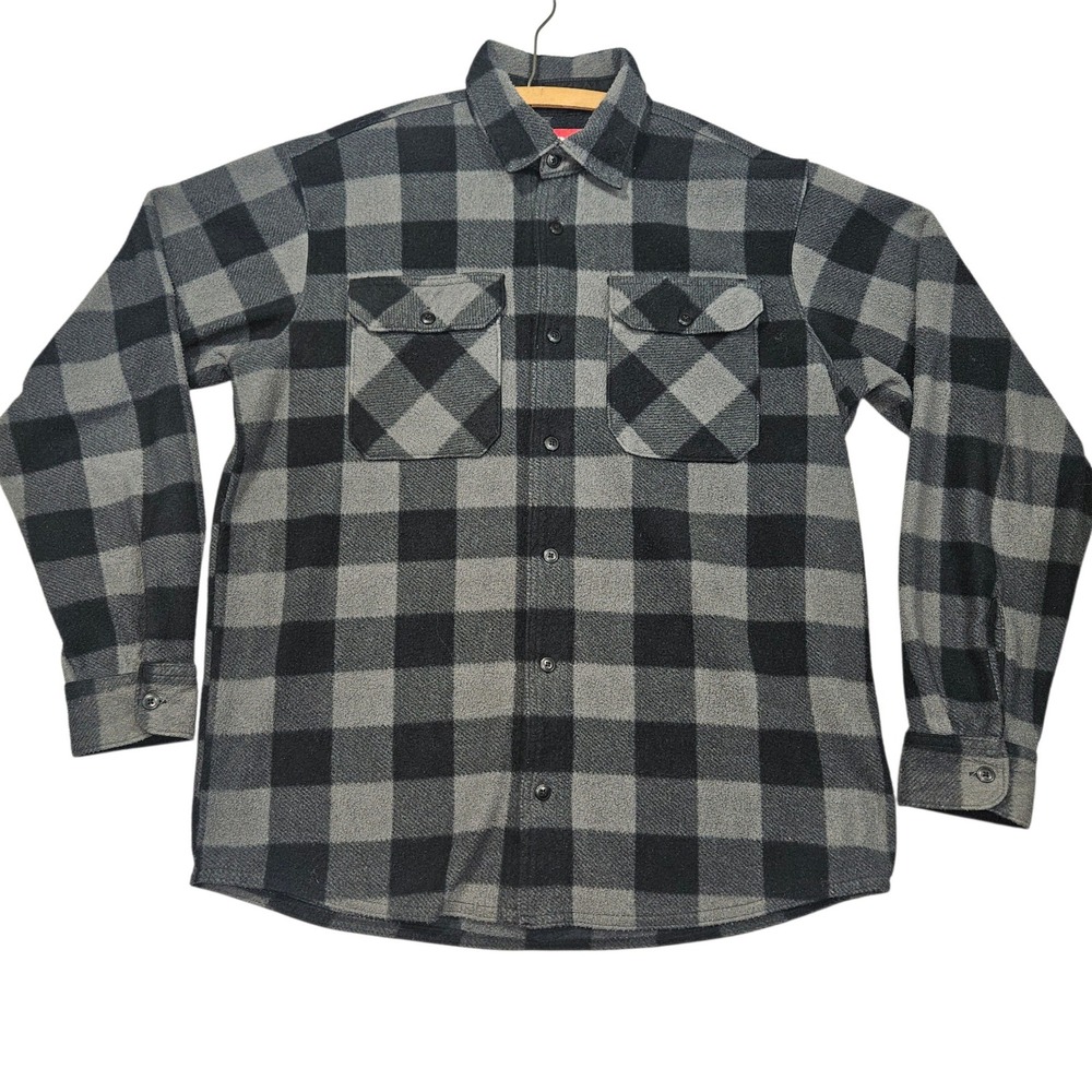 Wrangler Fleece Button Up Shirt Buffalo Plaid Grey Black Sz M